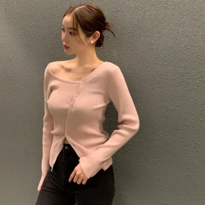 Asymmetric Button-Down Off Shoulder Sweater - Image 5