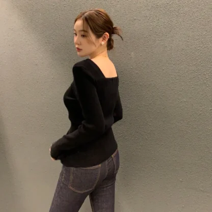 Asymmetric Button-Down Off Shoulder Sweater - Image 3
