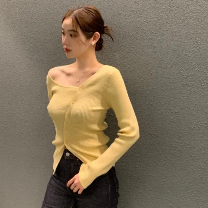 Asymmetric Button-Down Off Shoulder Sweater - Image 4