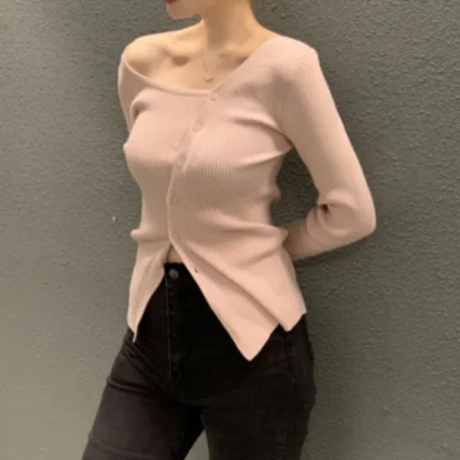 Asymmetric Button-Down Off Shoulder Sweater