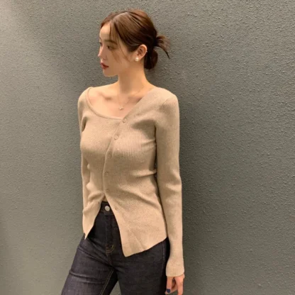 Asymmetric Button-Down Off Shoulder Sweater - Image 6