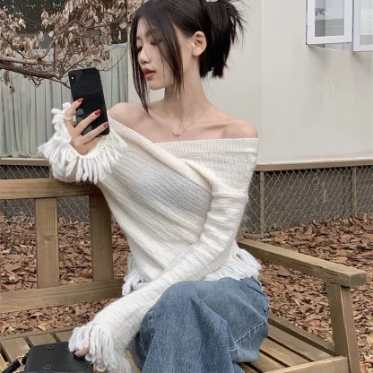 Elegant Tassel Off Shoulder Sweater - Image 2