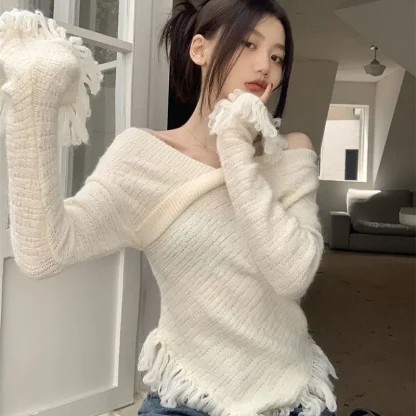 Elegant Tassel Off Shoulder Sweater - Image 3