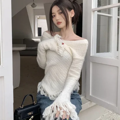 Elegant Tassel Off Shoulder Sweater - Image 4