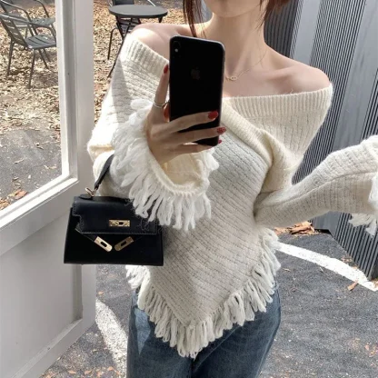 Elegant Tassel Off Shoulder Sweater - Image 5
