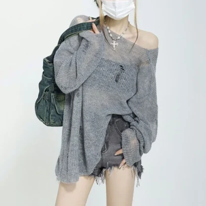 Ripped See-Through Off Shoulder Sweater - Image 2