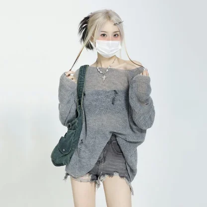 Ripped See-Through Off Shoulder Sweater - Image 3