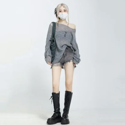 Ripped See-Through Off Shoulder Sweater - Image 4