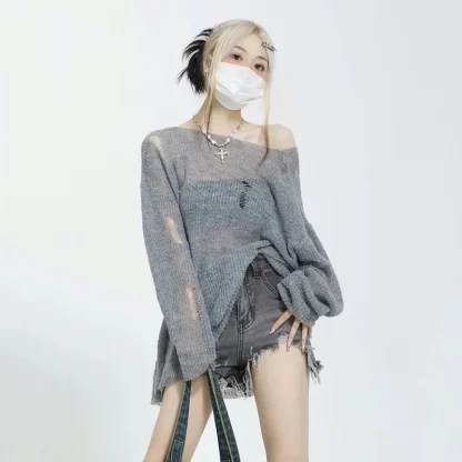 Ripped See-Through Off Shoulder Sweater - Image 5