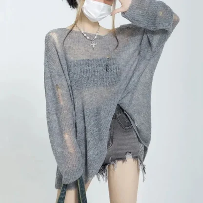 Ripped See-Through Off Shoulder Sweater