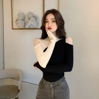Knitted Open Shoulder Sweater Tops - Image 2