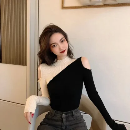 Knitted Open Shoulder Sweater Tops - Image 3