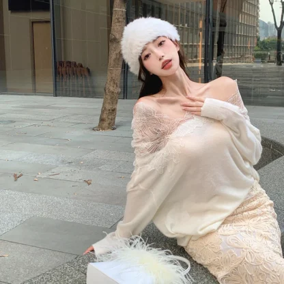 Elegant Lace Off Shoulder Sweater - Image 2