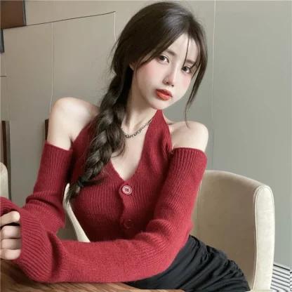 Halter Open Shoulder Sweater Tops - Image 2
