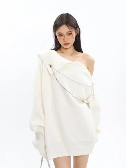 Chain Off Shoulder Sweater Tops - Image 2