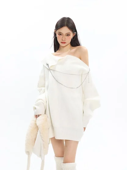 Chain Off Shoulder Sweater Tops - Image 3