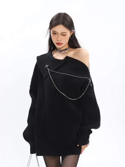 Chain Off Shoulder Sweater Tops - Image 6