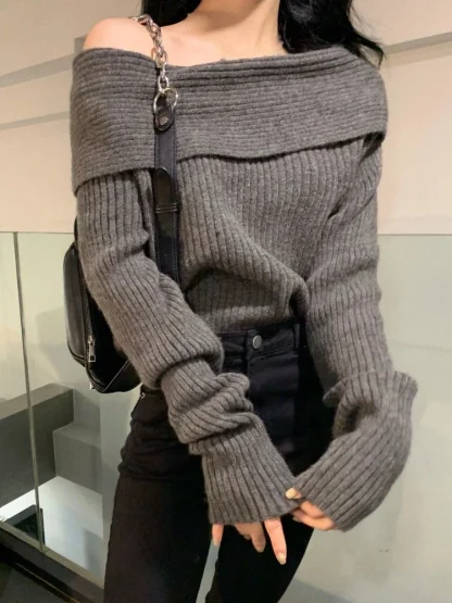 Knitted Off Shoulder Sweater Jumper - Image 3