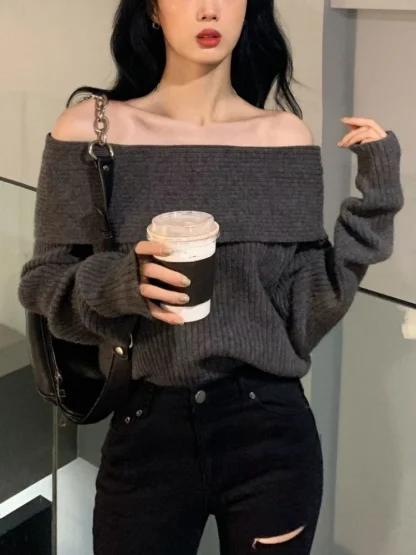Knitted Off Shoulder Sweater Jumper - Image 4