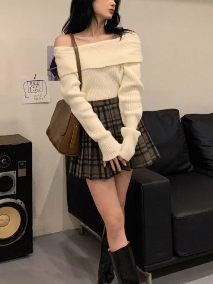 Knitted Off Shoulder Sweater Jumper - Image 7