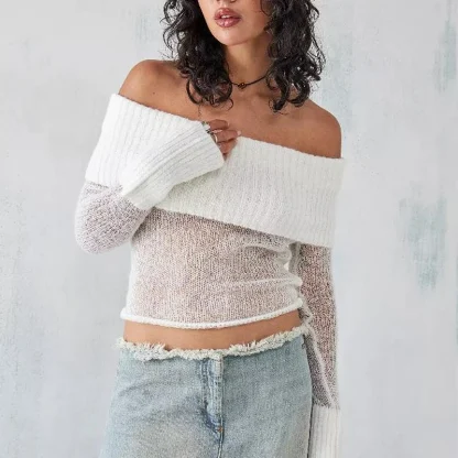 Thin Cropped Off Shoulder Sweater - Image 3