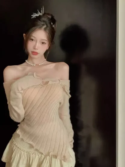 Sexy Ruffled Off Shoulder Sweater - Image 2