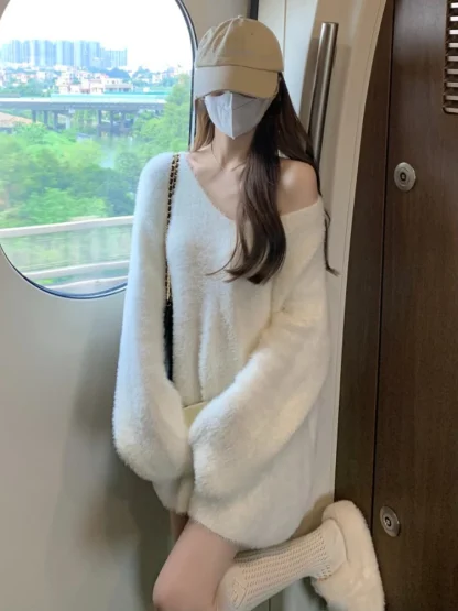 White Cozy Off Shoulder Sweater - Image 4