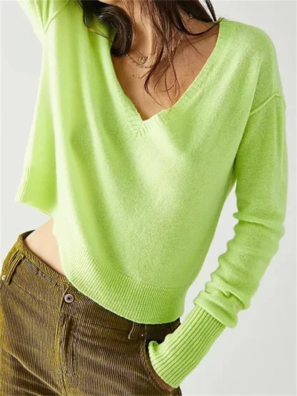 V-Neck Solid Off Shoulder Sweater - Image 7