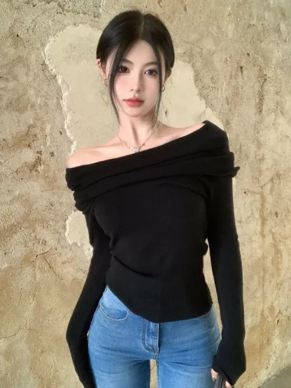 Sexy Folds Off Shoulder Sweater - Image 4