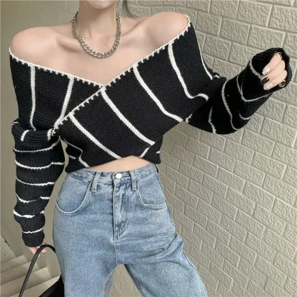 V-Neck Wrap Off Shoulder Sweater - Image 5