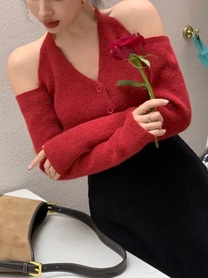 Halter Button-Down Cold Shoulder Sweater - Image 4