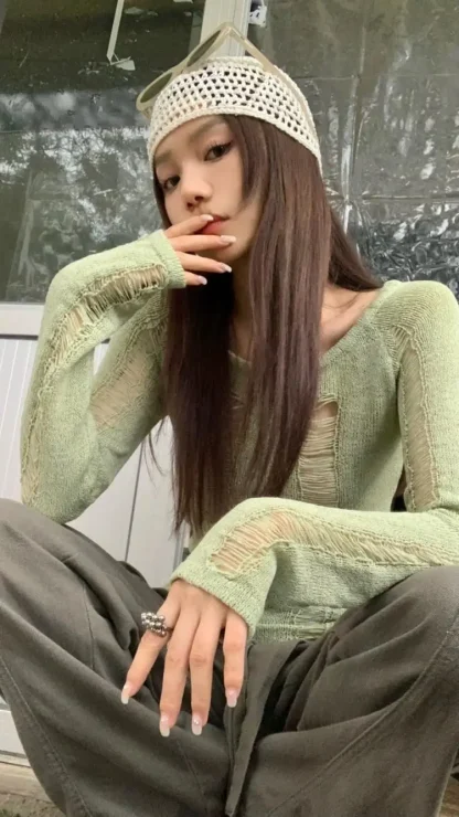 Green Ripped Off Shoulder Sweater - Image 7