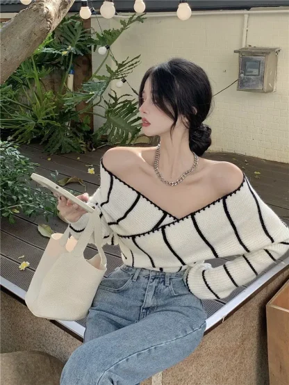 V-Neck Wrap Off Shoulder Sweater - Image 4