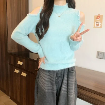 Solid Cold Shoulder Sweater Tops - Image 6