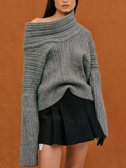 Oversized Solid Off Shoulder Sweater - Image 3