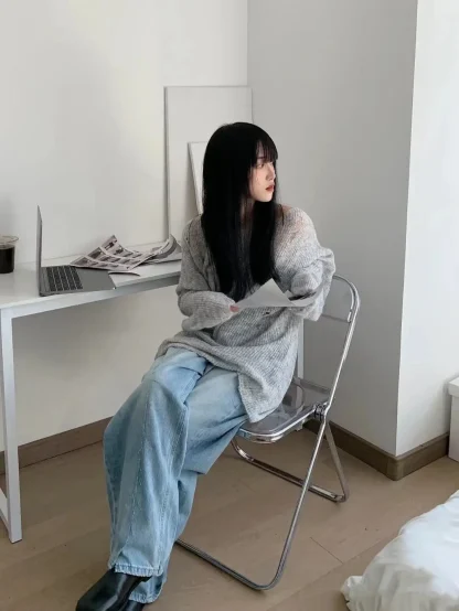Gray Ripped Off Shoulder Sweater - Image 7