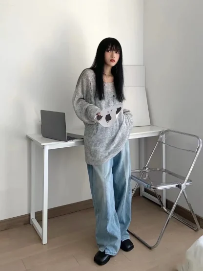 Gray Ripped Off Shoulder Sweater - Image 6