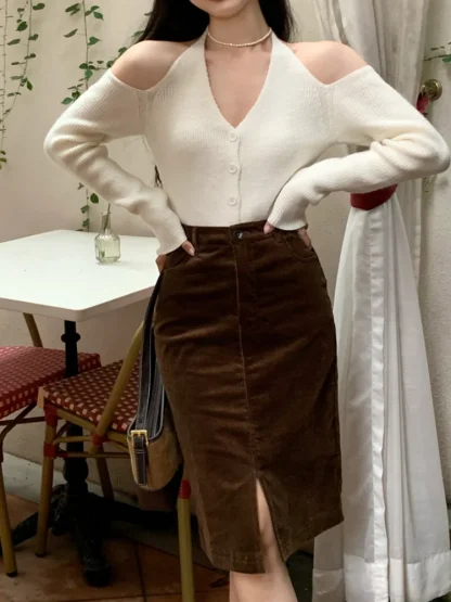Halter Button-Down Cold Shoulder Sweater - Image 2