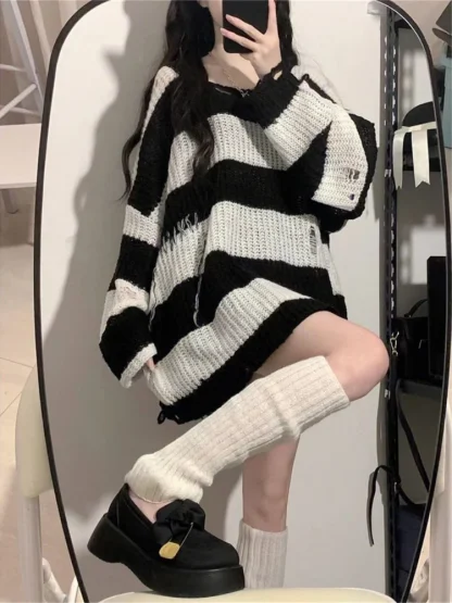 Lazy Stripe Off Shoulder Sweater - Image 7