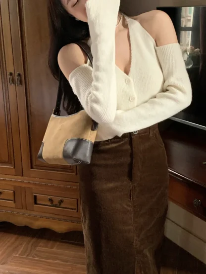 Halter Button-Down Cold Shoulder Sweater - Image 3