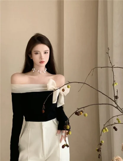 Elegant Bow Off Shoulder Sweater - Image 4