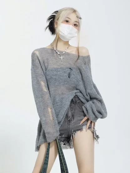 Ripped Off Shoulder Sweater Pullover - Image 7