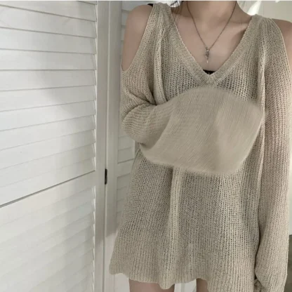 V-Neck Cold Shoulder Sweater Tops - Image 5