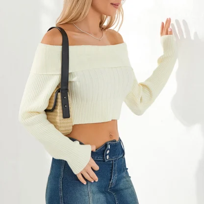 Beige Off Shoulder Sweater Tops - Image 7
