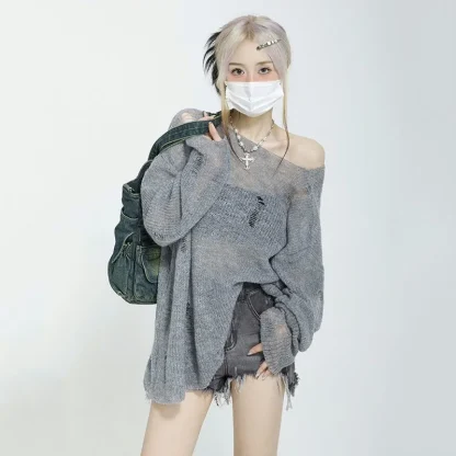 Ripped See-Through Off Shoulder Sweater - Image 7