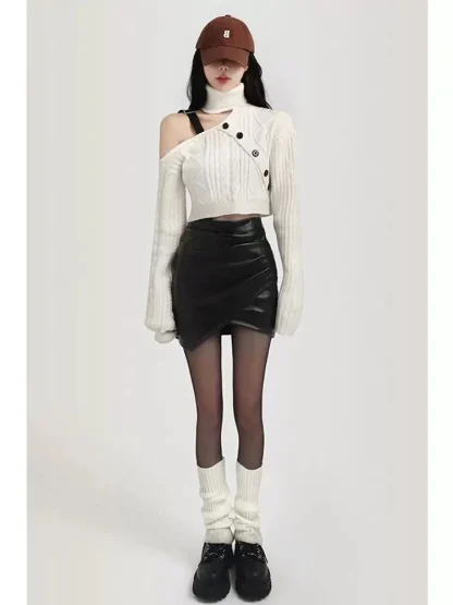 White Turtleneck Off Shoulder Sweater - Image 2