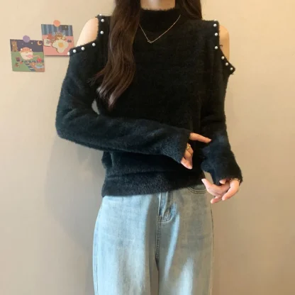 Solid Cold Shoulder Sweater Tops - Image 5