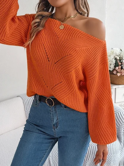 Hollow Knitted Off Shoulder Sweater - Image 3