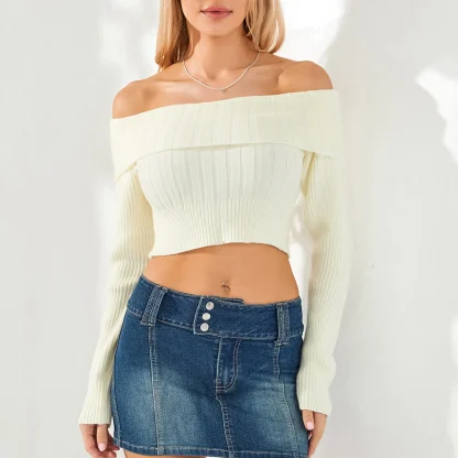 Beige Off Shoulder Sweater Tops - Image 5