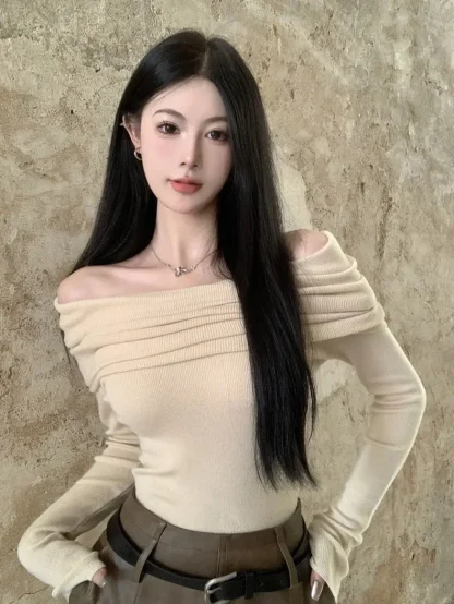 Sexy Folds Off Shoulder Sweater - Image 3